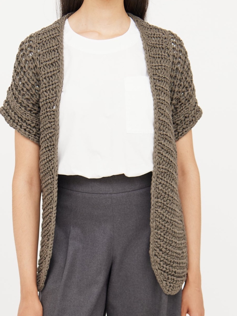 Brunello Cucinelli Open-Knit Short Sleeve Cardigan in Taupe Size Small
